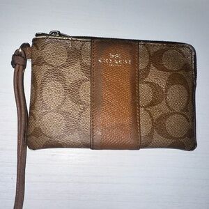 Coach F54629 Signature PVC Leather Corner Zip Wristlet Khaki Saddle Wallet Pouch